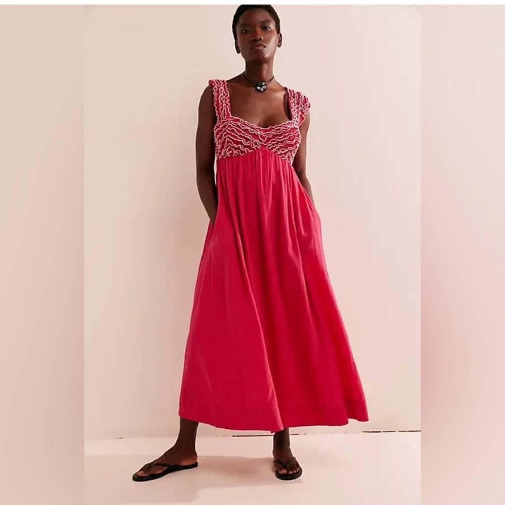 Free People Feel The Frill Midi Dress Baby Doll A-Line Cotton Pink SZ XS NWOT - Picture 1 of 11